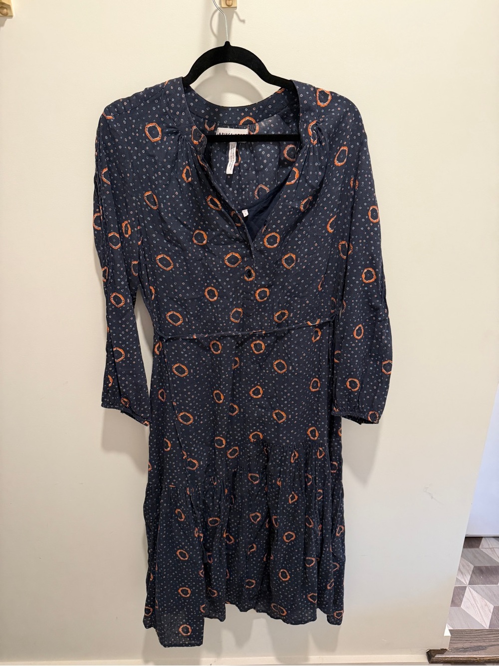 Apiece Apart Navy Blue Printed Long Sleeve Midi Dress
